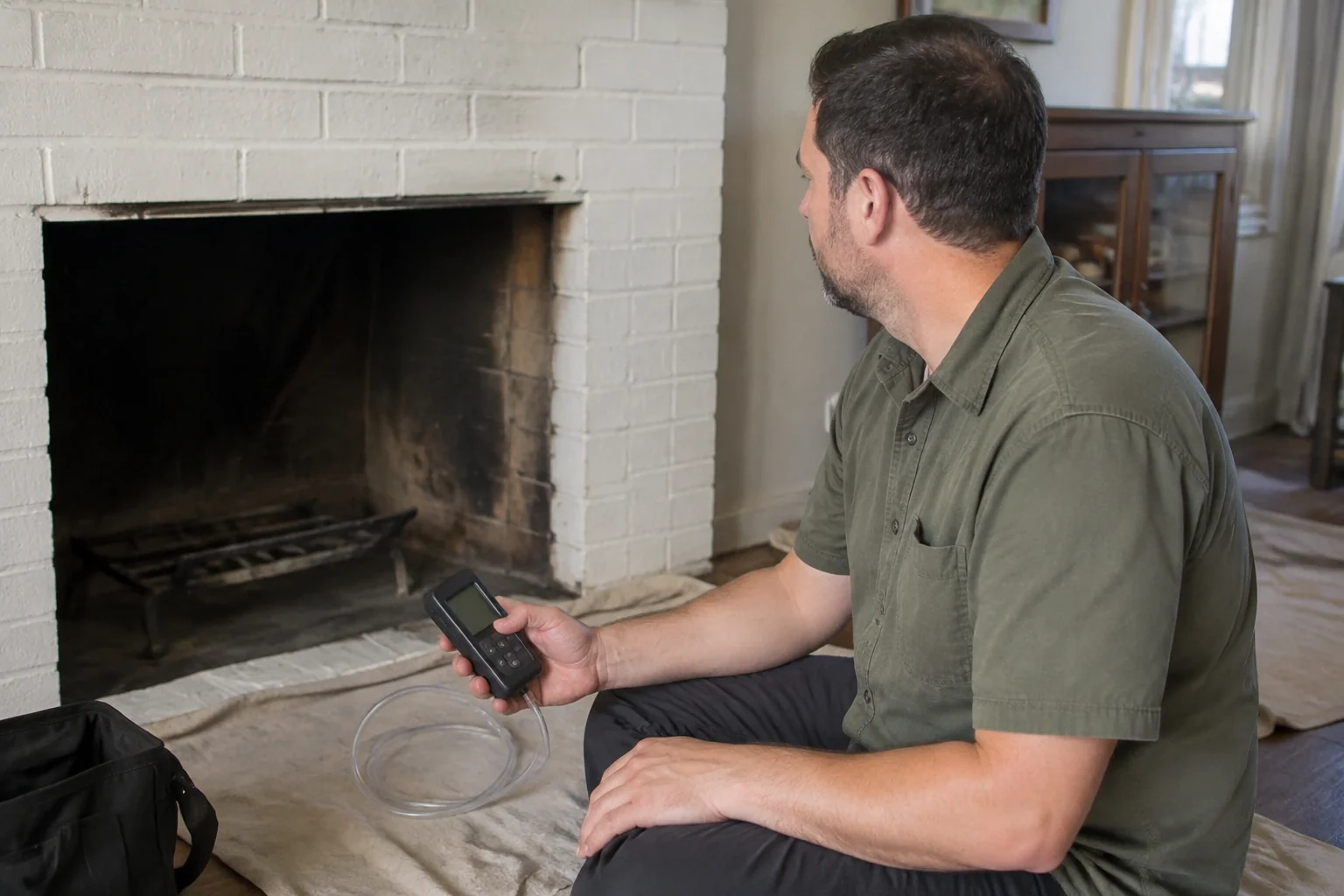 Technician holding a handheld meter beside a cold fireplace.